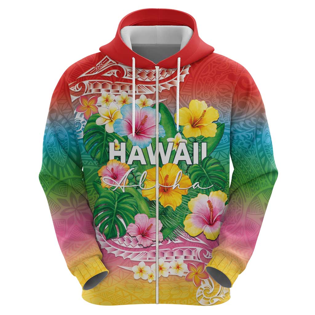 Hawaii Aloha Tropical Leaves and Flower Zip Hoodie with Polynesian Art Tattoo Rainbow Color LT03 - Polynesian Pride