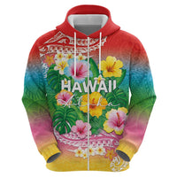 Hawaii Aloha Tropical Leaves and Flower Zip Hoodie with Polynesian Art Tattoo Rainbow Color LT03 - Polynesian Pride