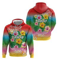 Hawaii Aloha Tropical Leaves and Flower Zip Hoodie with Polynesian Art Tattoo Rainbow Color LT03 - Polynesian Pride