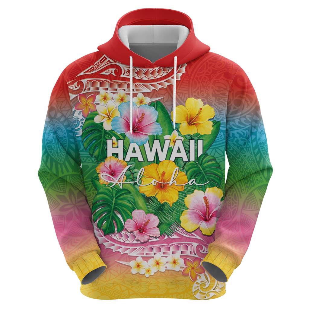 Hawaii Aloha Tropical Leaves and Flower Zip Hoodie with Polynesian Art Tattoo Rainbow Color LT03 - Polynesian Pride