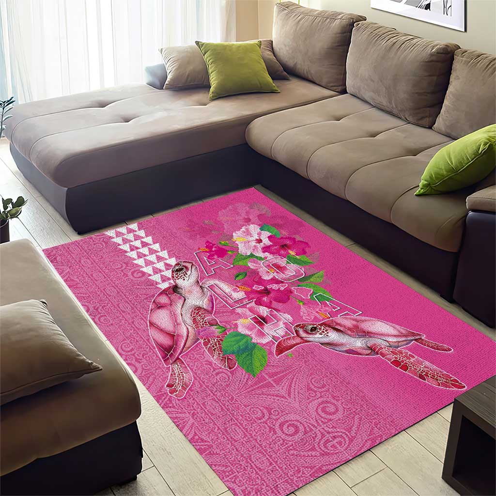 Hawaii Aloha Turtle Hibiscus and Leaves Area Rug with Polynesian and Kakau Tattoos Rose Color LT03 - Polynesian Pride