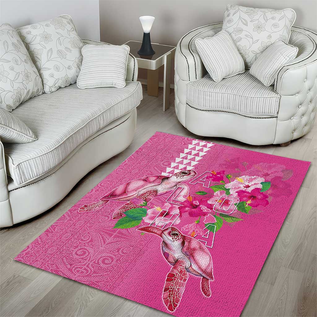 Hawaii Aloha Turtle Hibiscus and Leaves Area Rug with Polynesian and Kakau Tattoos Rose Color LT03 - Polynesian Pride