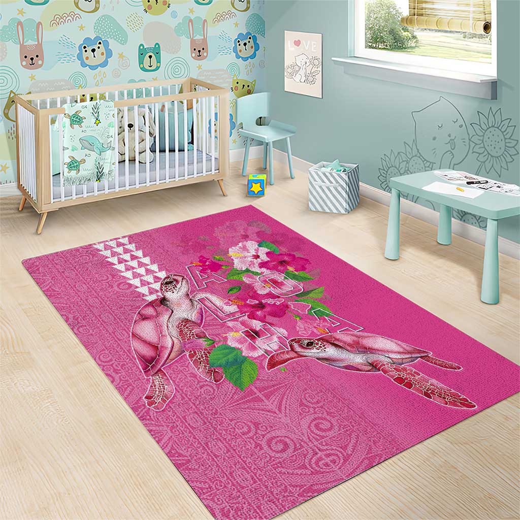 Hawaii Aloha Turtle Hibiscus and Leaves Area Rug with Polynesian and Kakau Tattoos Rose Color LT03 - Polynesian Pride