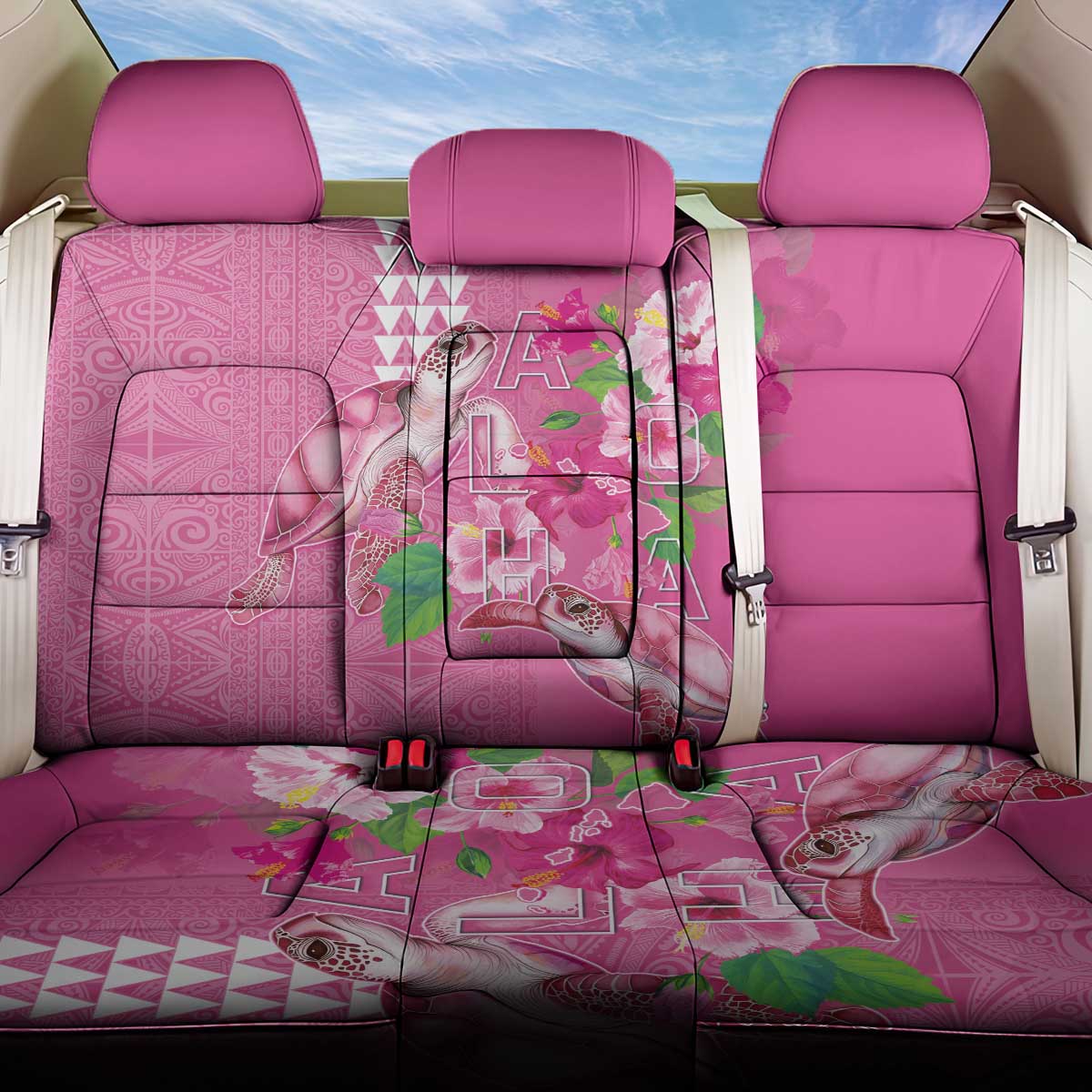 Hawaii Aloha Turtle Hibiscus and Leaves Back Car Seat Cover with Polynesian and Kakau Tattoos Rose Color LT03 One Size Pink - Polynesian Pride