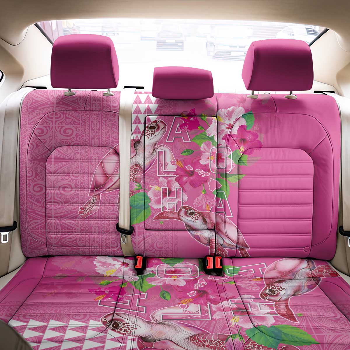 Hawaii Aloha Turtle Hibiscus and Leaves Back Car Seat Cover with Polynesian and Kakau Tattoos Rose Color LT03 - Polynesian Pride
