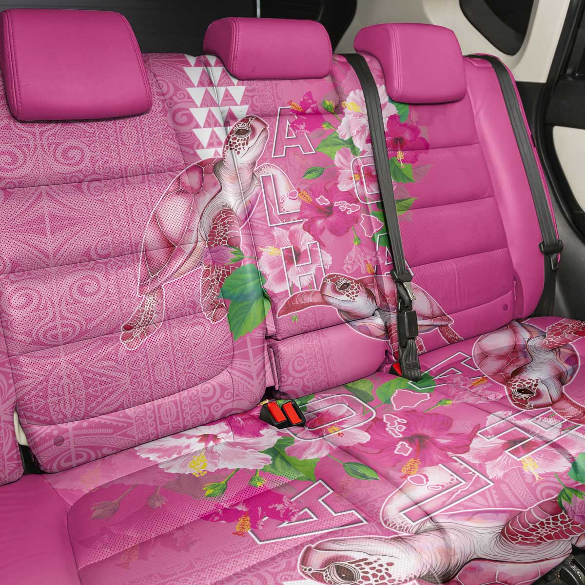 Hawaii Aloha Turtle Hibiscus and Leaves Back Car Seat Cover with Polynesian and Kakau Tattoos Rose Color LT03 - Polynesian Pride