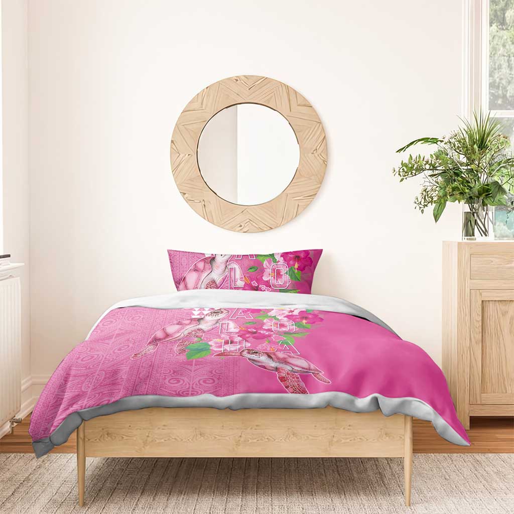 Hawaii Aloha Turtle Hibiscus and Leaves Bedding Set with Polynesian and Kakau Tattoos Rose Color - Polynesian Pride