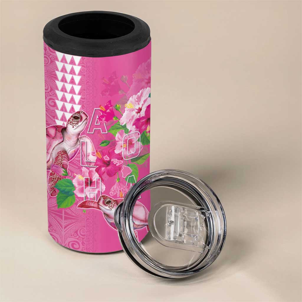 Hawaii Aloha Turtle Hibiscus and Leaves 4 in 1 Can Cooler Tumbler with Polynesian and Kakau Tattoos Rose Color LT03 - Polynesian Pride