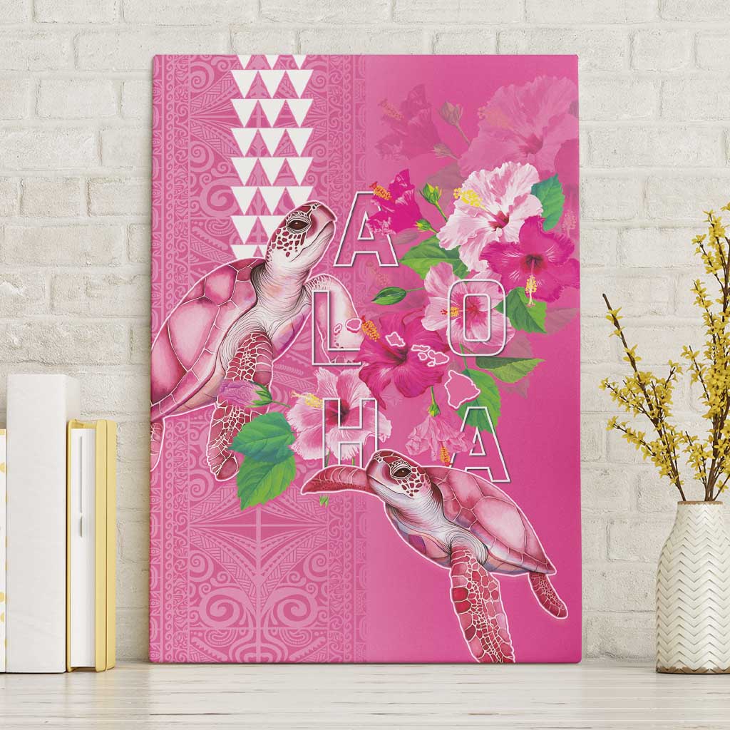 Hawaii Aloha Turtle Hibiscus and Leaves Canvas Wall Art with Polynesian and Kakau Tattoos Rose Color - Polynesian Pride