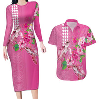 Hawaii Aloha Turtle Hibiscus and Leaves Couples Matching Long Sleeve Bodycon Dress and Hawaiian Shirt with Polynesian and Kakau Tattoos Rose Color - Polynesian Pride