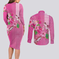 Hawaii Aloha Turtle Hibiscus and Leaves Couples Matching Long Sleeve Bodycon Dress and Long Sleeve Button Shirt with Polynesian and Kakau Tattoos Rose Color - Polynesian Pride