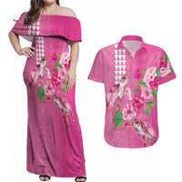 Hawaii Aloha Turtle Hibiscus and Leaves Couples Matching Off Shoulder Maxi Dress and Hawaiian Shirt with Polynesian and Kakau Tattoos Rose Color - Polynesian Pride