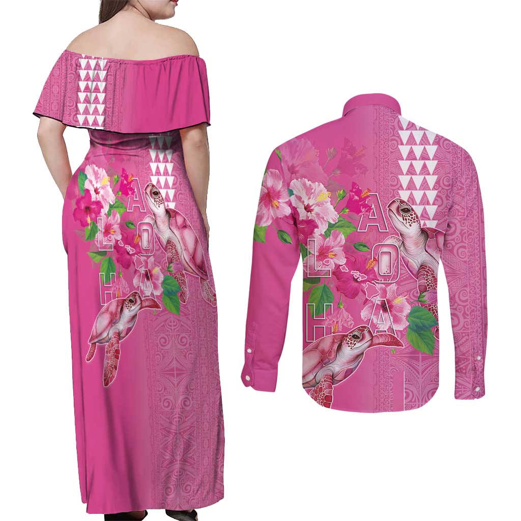 Hawaii Aloha Turtle Hibiscus and Leaves Couples Matching Off Shoulder Maxi Dress and Long Sleeve Button Shirt with Polynesian and Kakau Tattoos Rose Color - Polynesian Pride