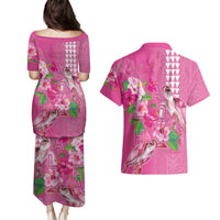 Hawaii Aloha Turtle Hibiscus and Leaves Couples Matching Puletasi and Hawaiian Shirt with Polynesian and Kakau Tattoos Rose Color LT03 - Polynesian Pride