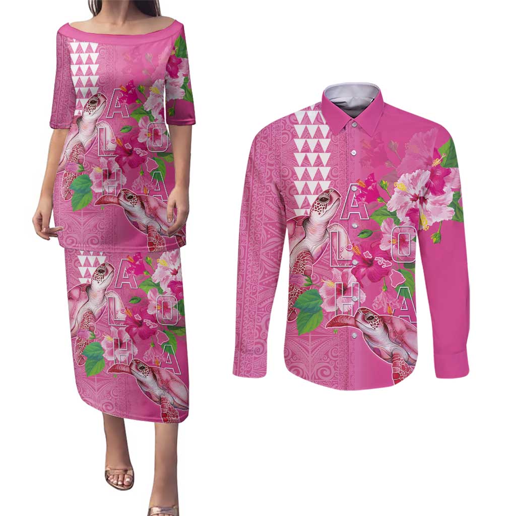 Hawaii Aloha Turtle Hibiscus and Leaves Couples Matching Puletasi and Long Sleeve Button Shirt with Polynesian and Kakau Tattoos Rose Color LT03 Pink - Polynesian Pride