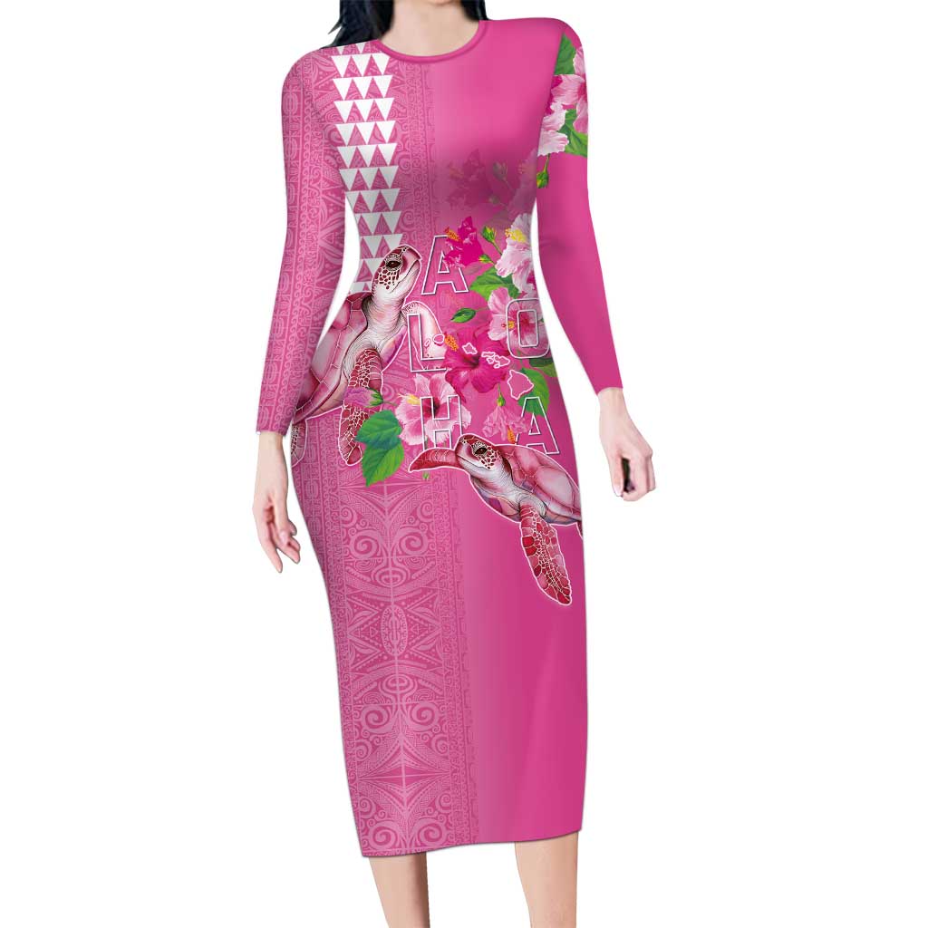 Hawaii Aloha Turtle Hibiscus and Leaves Family Matching Long Sleeve Bodycon Dress and Hawaiian Shirt with Polynesian and Kakau Tattoos Rose Color LT03 Mom's Dress Pink - Polynesian Pride
