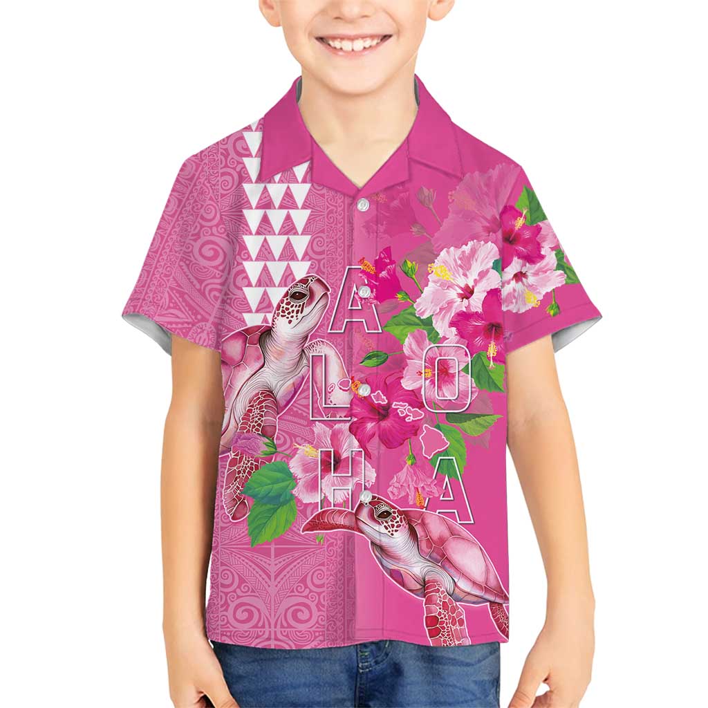 Hawaii Aloha Turtle Hibiscus and Leaves Family Matching Long Sleeve Bodycon Dress and Hawaiian Shirt with Polynesian and Kakau Tattoos Rose Color LT03 Son's Shirt Pink - Polynesian Pride