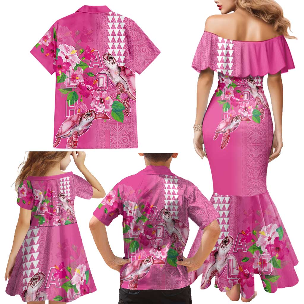 Hawaii Aloha Turtle Hibiscus and Leaves Family Matching Mermaid Dress and Hawaiian Shirt with Polynesian and Kakau Tattoos Rose Color - Polynesian Pride