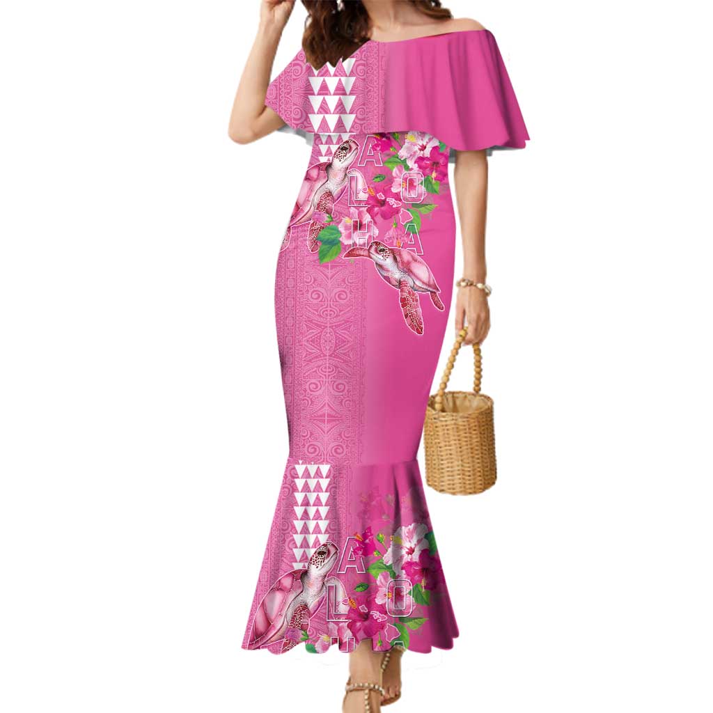 Hawaii Aloha Turtle Hibiscus and Leaves Family Matching Mermaid Dress and Hawaiian Shirt with Polynesian and Kakau Tattoos Rose Color - Polynesian Pride