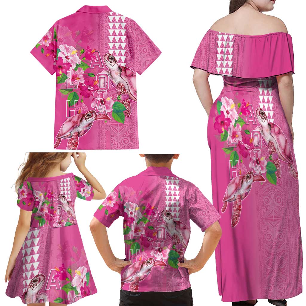 Hawaii Aloha Turtle Hibiscus and Leaves Family Matching Off Shoulder Maxi Dress and Hawaiian Shirt with Polynesian and Kakau Tattoos Rose Color LT03 - Polynesian Pride