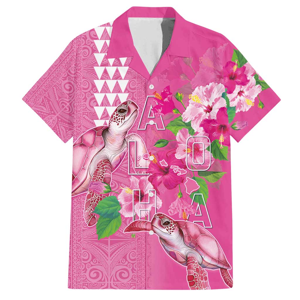 Hawaii Aloha Turtle Hibiscus and Leaves Family Matching Off Shoulder Short Dress and Hawaiian Shirt with Polynesian and Kakau Tattoos Rose Color LT03 Dad's Shirt - Short Sleeve Pink - Polynesian Pride