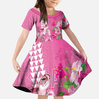 Hawaii Aloha Turtle Hibiscus and Leaves Family Matching Puletasi and Hawaiian Shirt with Polynesian and Kakau Tattoos Rose Color LT03 Daughter's Dress Pink - Polynesian Pride