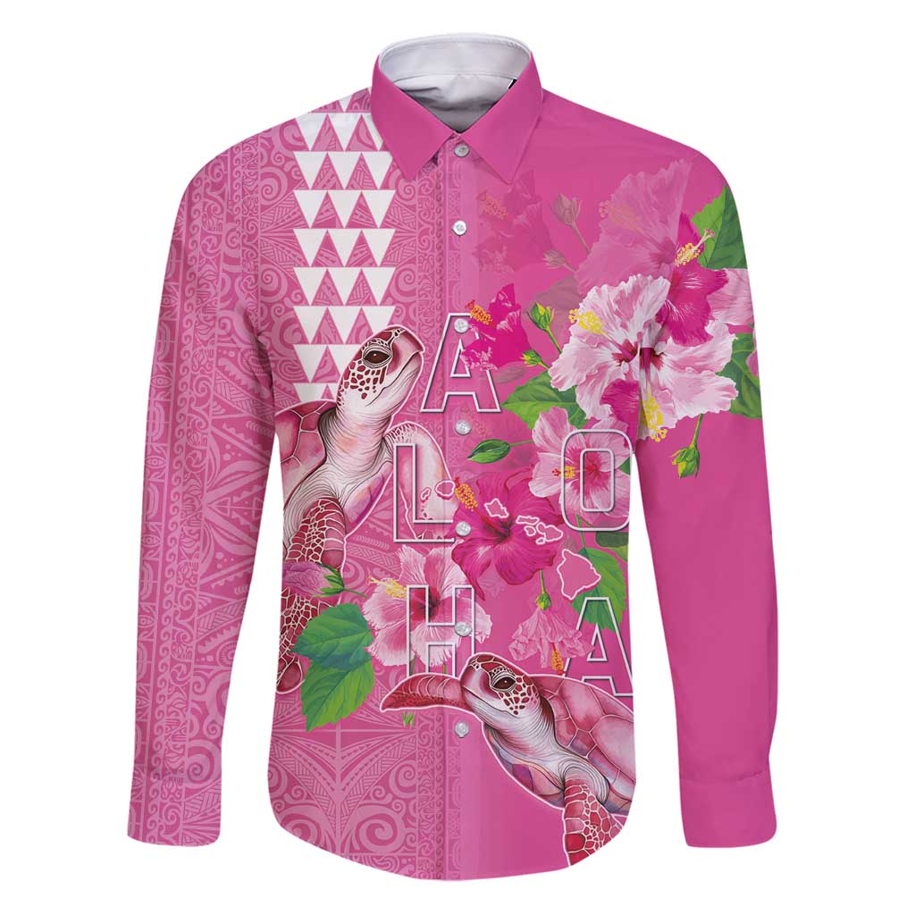 Hawaii Aloha Turtle Hibiscus and Leaves Family Matching Puletasi and Hawaiian Shirt with Polynesian and Kakau Tattoos Rose Color LT03 Dad's Shirt - Long Sleeve Pink - Polynesian Pride