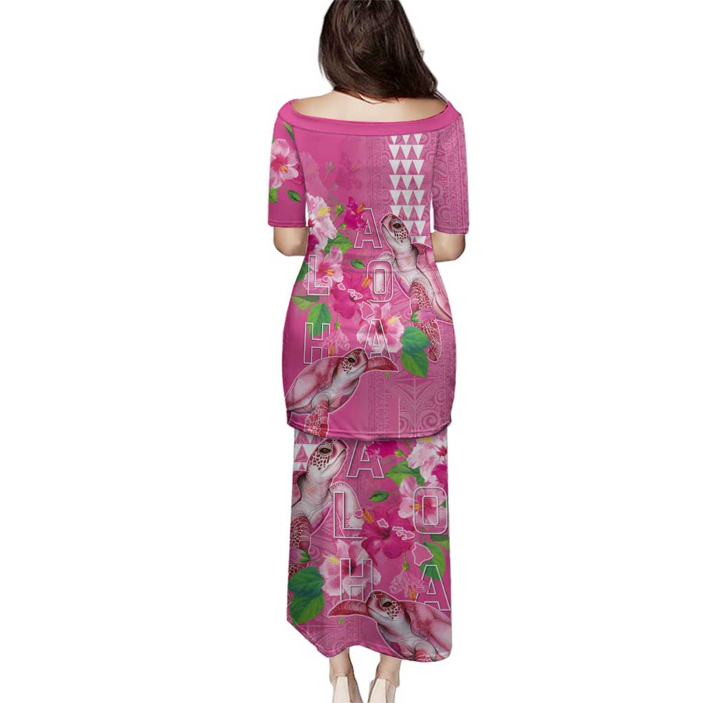 Hawaii Aloha Turtle Hibiscus and Leaves Family Matching Puletasi and Hawaiian Shirt with Polynesian and Kakau Tattoos Rose Color LT03 - Polynesian Pride