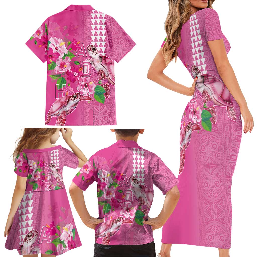 Hawaii Aloha Turtle Hibiscus and Leaves Family Matching Short Sleeve Bodycon Dress and Hawaiian Shirt with Polynesian and Kakau Tattoos Rose Color - Polynesian Pride