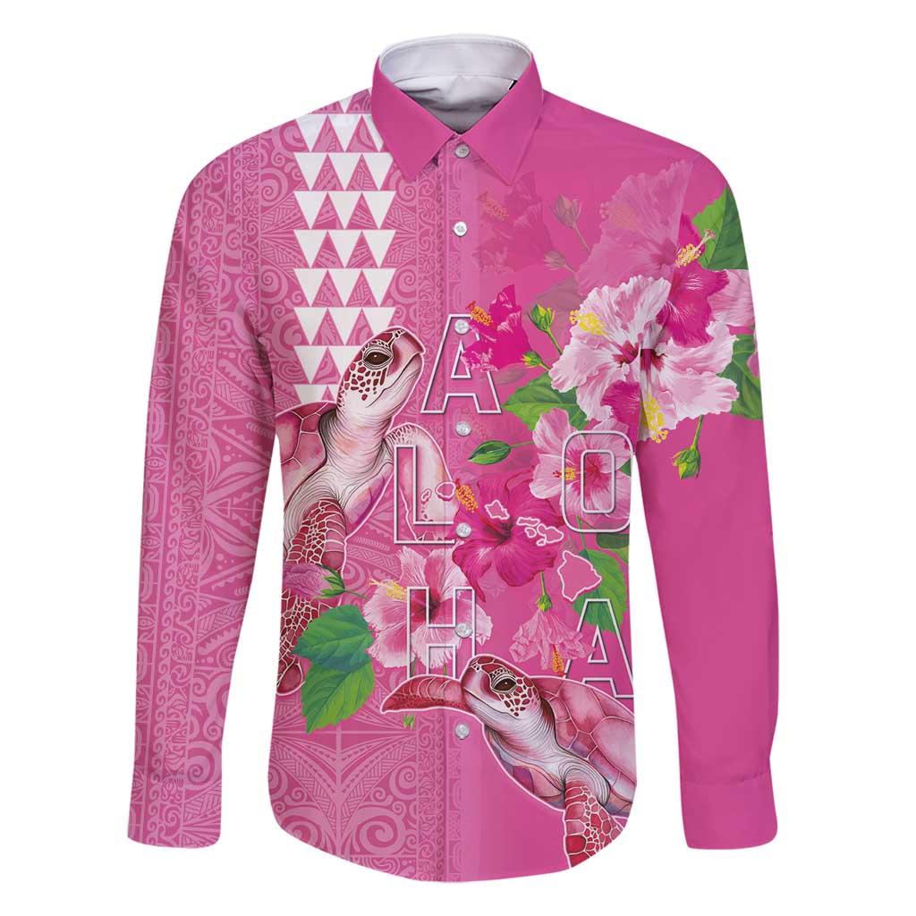 Hawaii Aloha Turtle Hibiscus and Leaves Family Matching Summer Maxi Dress and Hawaiian Shirt with Polynesian and Kakau Tattoos Rose Color LT03 Dad's Shirt - Long Sleeve Pink - Polynesian Pride