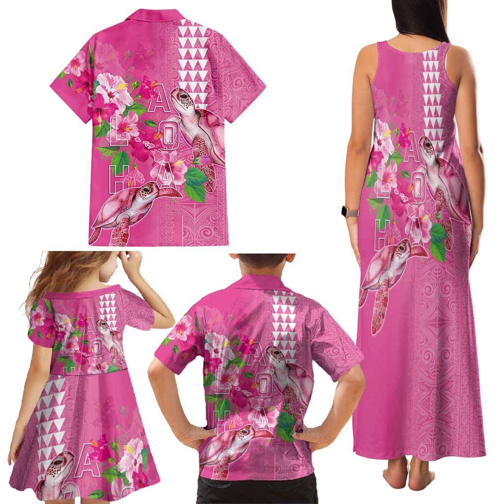 Hawaii Aloha Turtle Hibiscus and Leaves Family Matching Tank Maxi Dress and Hawaiian Shirt with Polynesian and Kakau Tattoos Rose Color LT03 - Polynesian Pride