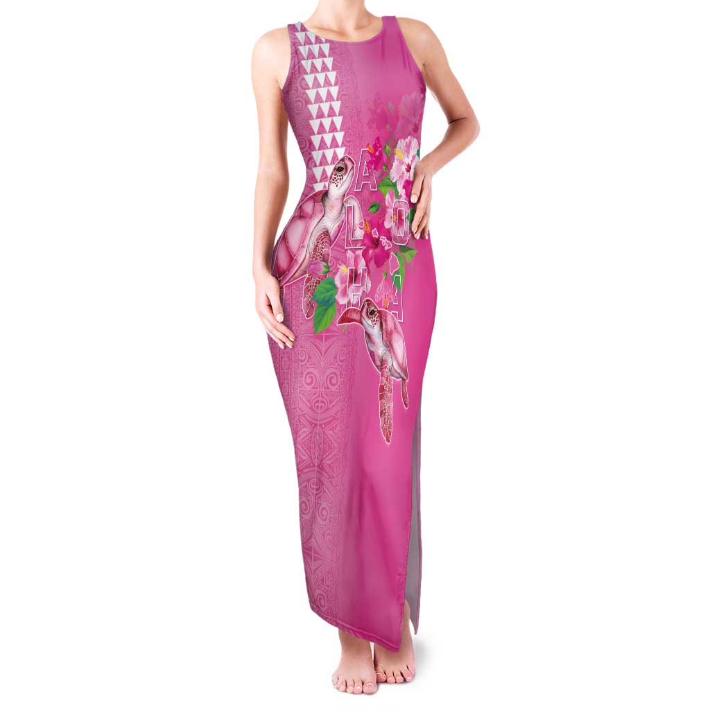Hawaii Aloha Turtle Hibiscus and Leaves Family Matching Tank Maxi Dress and Hawaiian Shirt with Polynesian and Kakau Tattoos Rose Color LT03 Mom's Dress Pink - Polynesian Pride