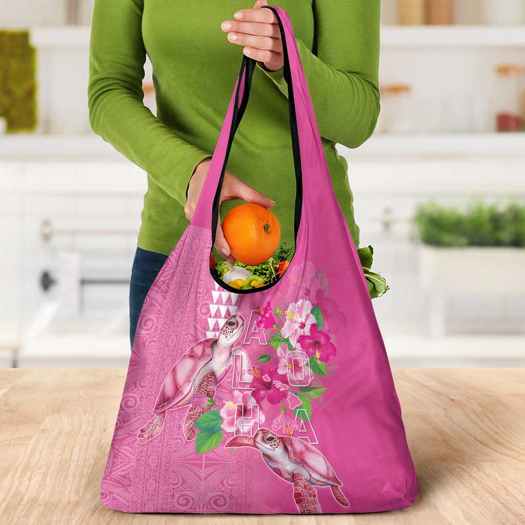 Hawaii Aloha Turtle Hibiscus and Leaves Grocery Bag with Polynesian and Kakau Tattoos Rose Color LT03 - Polynesian Pride
