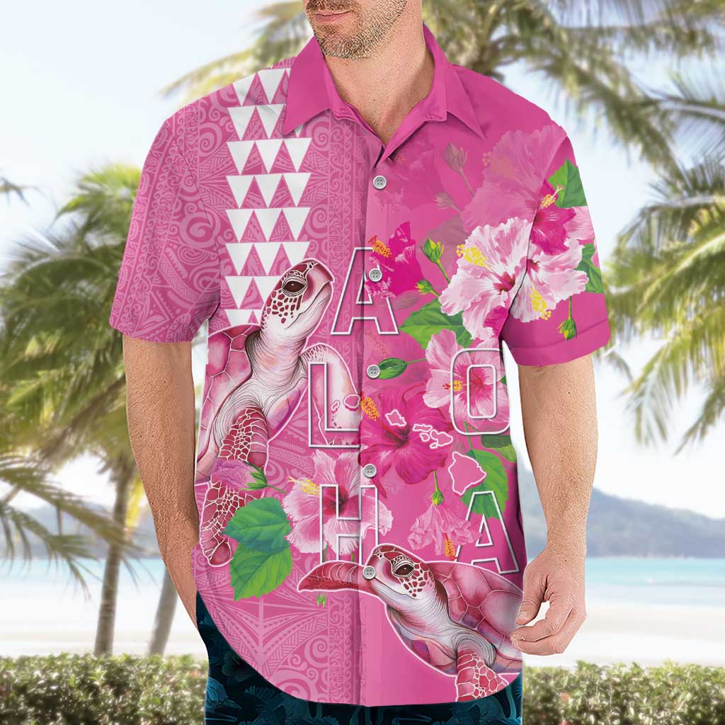 Hawaii Aloha Turtle Hibiscus and Leaves Hawaiian Shirt with Polynesian and Kakau Tattoos Rose Color LT03 - Polynesian Pride