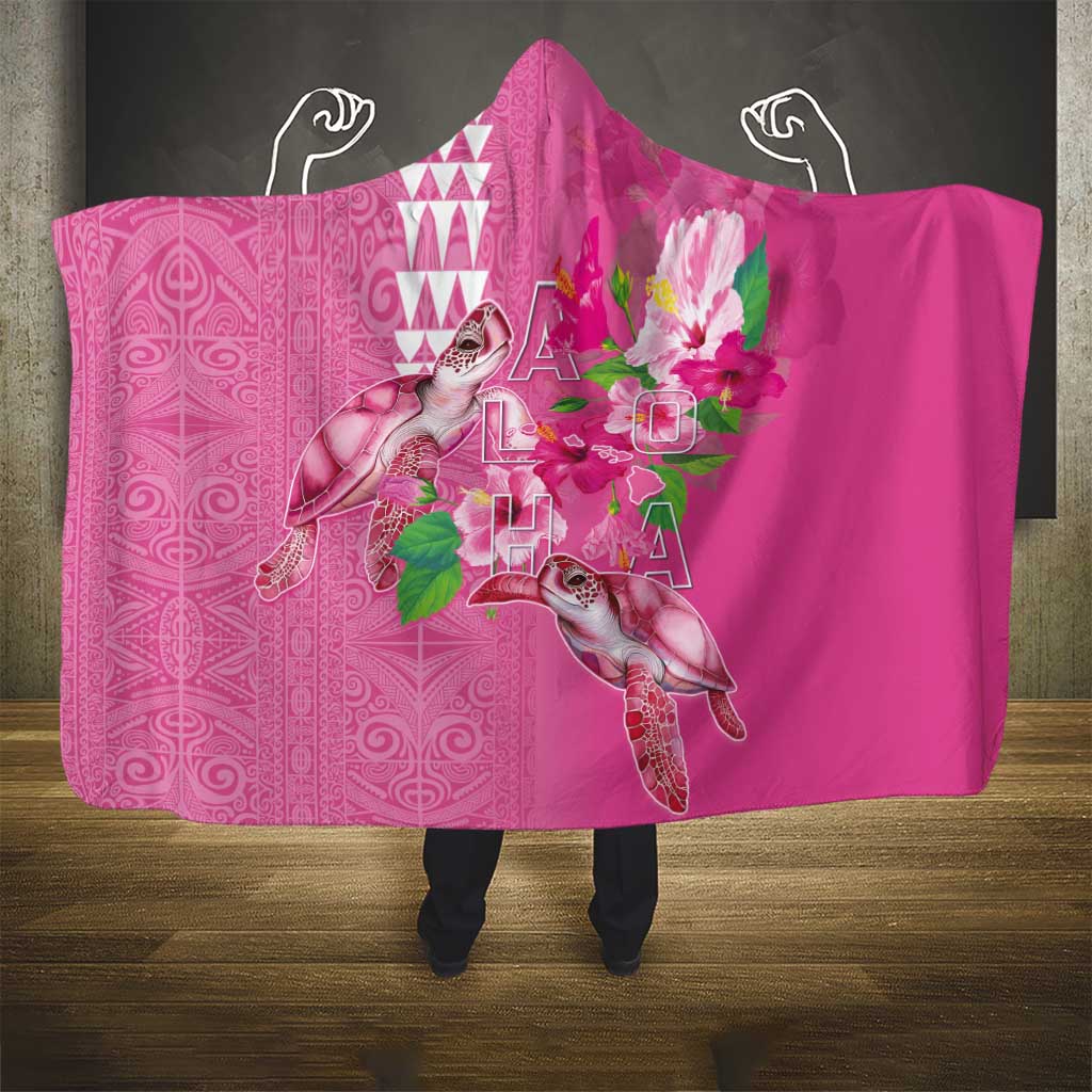 Hawaii Aloha Turtle Hibiscus and Leaves Hooded Blanket with Polynesian and Kakau Tattoos Rose Color LT03 - Polynesian Pride