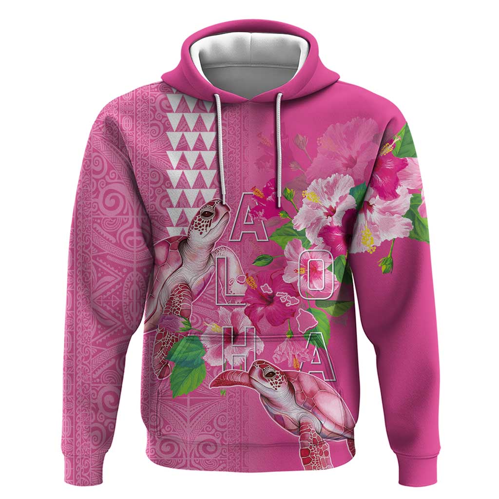 Hawaii Aloha Turtle Hibiscus and Leaves Hoodie with Polynesian and Kakau Tattoos Rose Color LT03 Pullover Hoodie Pink - Polynesian Pride