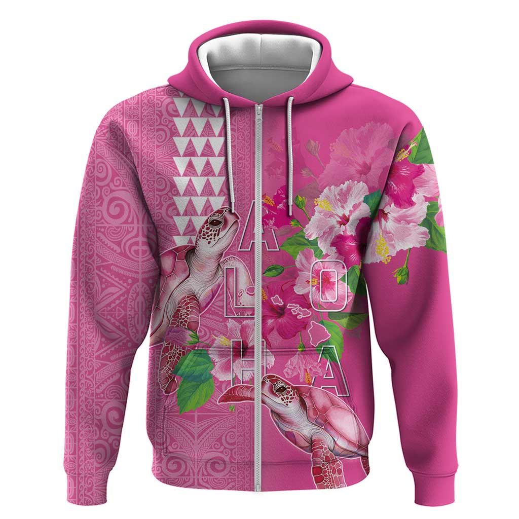 Hawaii Aloha Turtle Hibiscus and Leaves Hoodie with Polynesian and Kakau Tattoos Rose Color LT03 Zip Hoodie Pink - Polynesian Pride