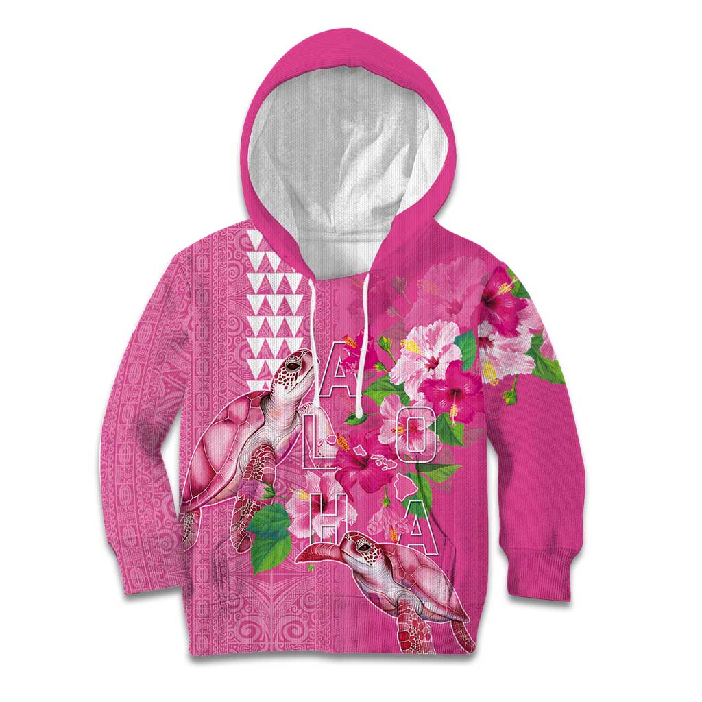Hawaii Aloha Turtle Hibiscus and Leaves Kid Hoodie with Polynesian and Kakau Tattoos Rose Color LT03 Hoodie Pink - Polynesian Pride