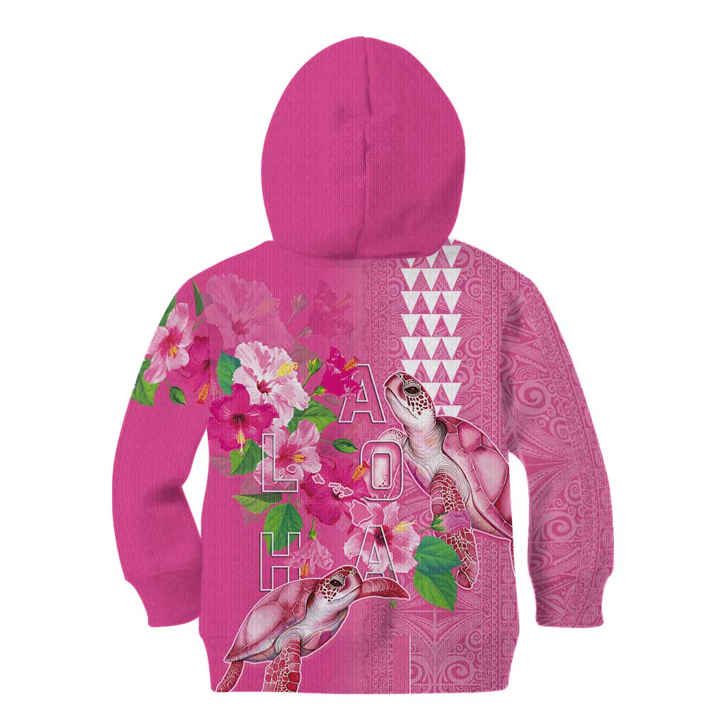 Hawaii Aloha Turtle Hibiscus and Leaves Kid Hoodie with Polynesian and Kakau Tattoos Rose Color LT03 - Polynesian Pride