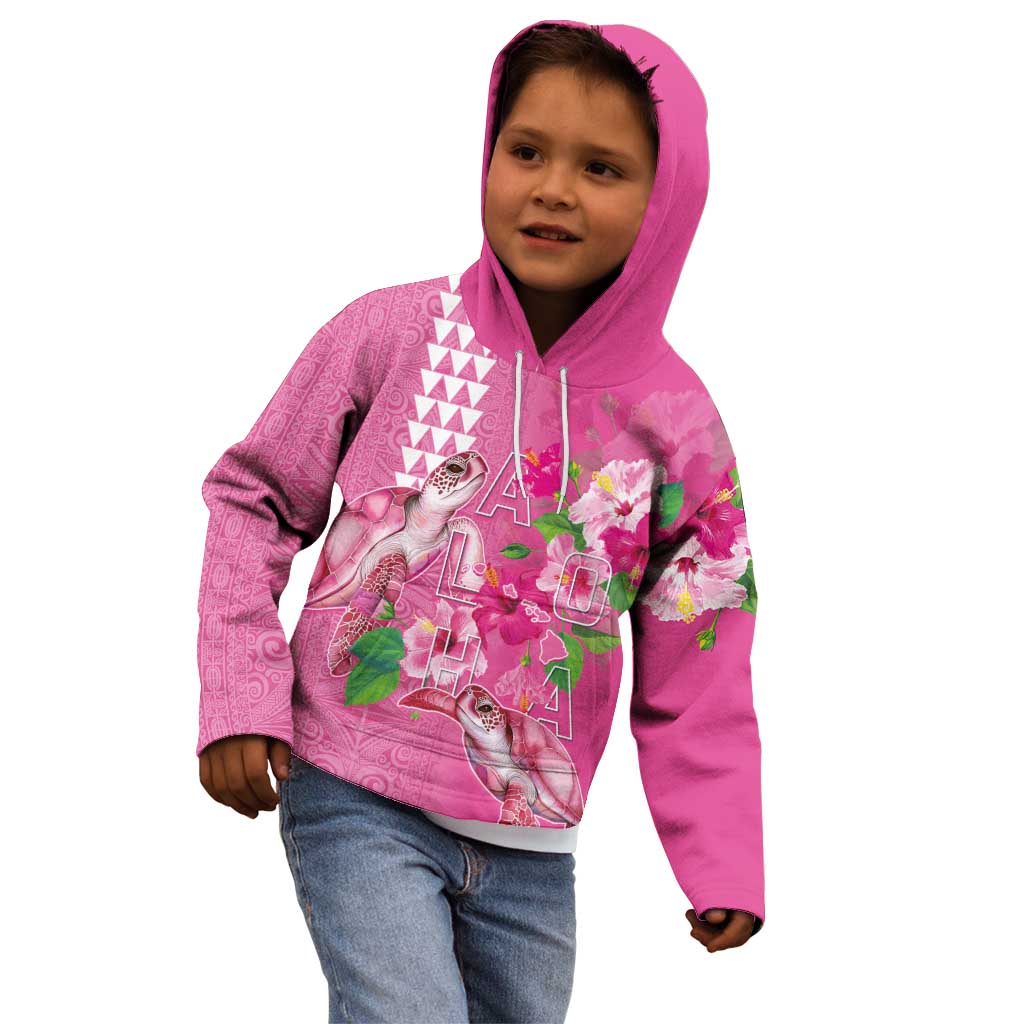 Hawaii Aloha Turtle Hibiscus and Leaves Kid Hoodie with Polynesian and Kakau Tattoos Rose Color LT03 - Polynesian Pride