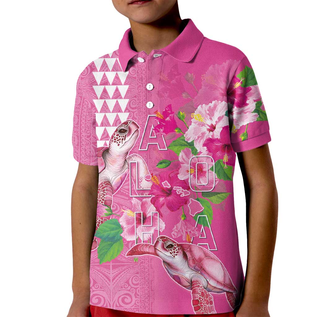 Hawaii Aloha Turtle Hibiscus and Leaves Kid Polo Shirt with Polynesian and Kakau Tattoos Rose Color LT03 Kid Pink - Polynesian Pride