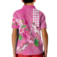 Hawaii Aloha Turtle Hibiscus and Leaves Kid Polo Shirt with Polynesian and Kakau Tattoos Rose Color LT03 - Polynesian Pride