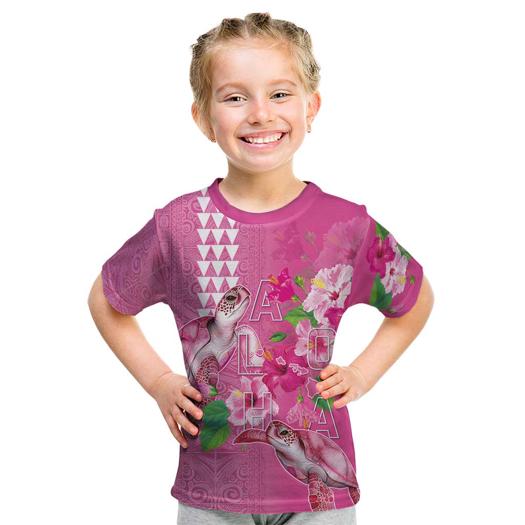 Hawaii Aloha Turtle Hibiscus and Leaves Kid T Shirt with Polynesian and Kakau Tattoos Rose Color LT03 Pink - Polynesian Pride