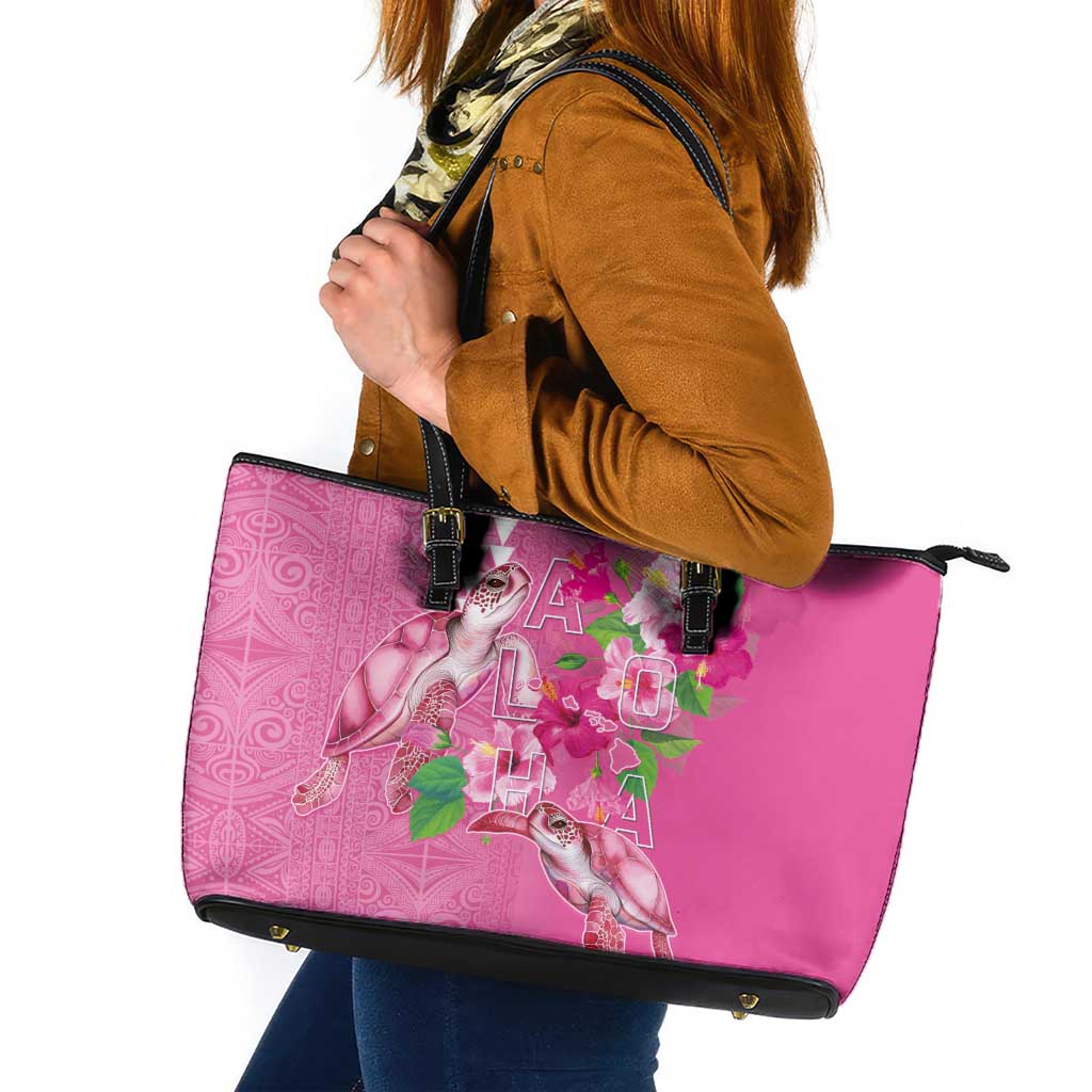 Hawaii Aloha Turtle Hibiscus and Leaves Leather Tote Bag with Polynesian and Kakau Tattoos Rose Color LT03 Pink - Polynesian Pride