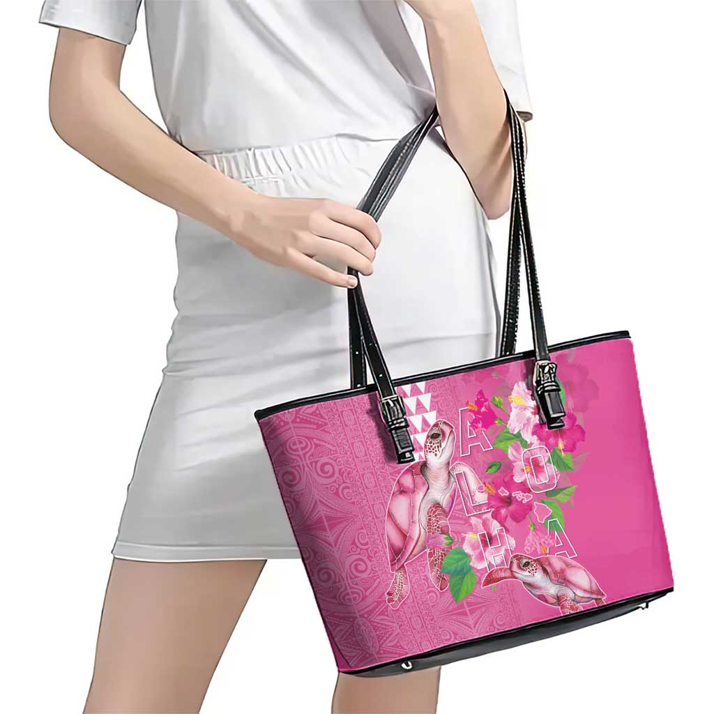 Hawaii Aloha Turtle Hibiscus and Leaves Leather Tote Bag with Polynesian and Kakau Tattoos Rose Color LT03 - Polynesian Pride