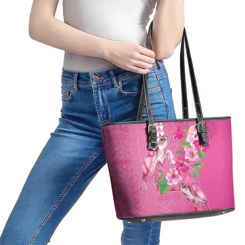 Hawaii Aloha Turtle Hibiscus and Leaves Leather Tote Bag with Polynesian and Kakau Tattoos Rose Color LT03 - Polynesian Pride