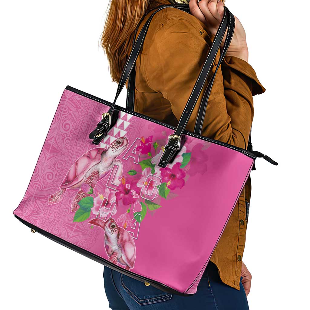 Hawaii Aloha Turtle Hibiscus and Leaves Leather Tote Bag with Polynesian and Kakau Tattoos Rose Color LT03 - Polynesian Pride