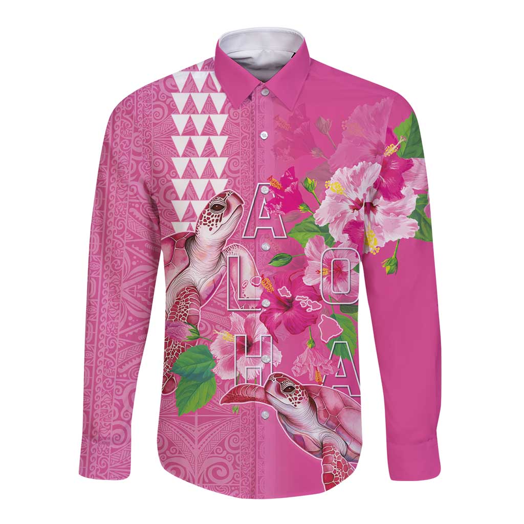Hawaii Aloha Turtle Hibiscus and Leaves Long Sleeve Button Shirt with Polynesian and Kakau Tattoos Rose Color LT03 Unisex Pink - Polynesian Pride