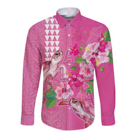 Hawaii Aloha Turtle Hibiscus and Leaves Long Sleeve Button Shirt with Polynesian and Kakau Tattoos Rose Color LT03 Unisex Pink - Polynesian Pride