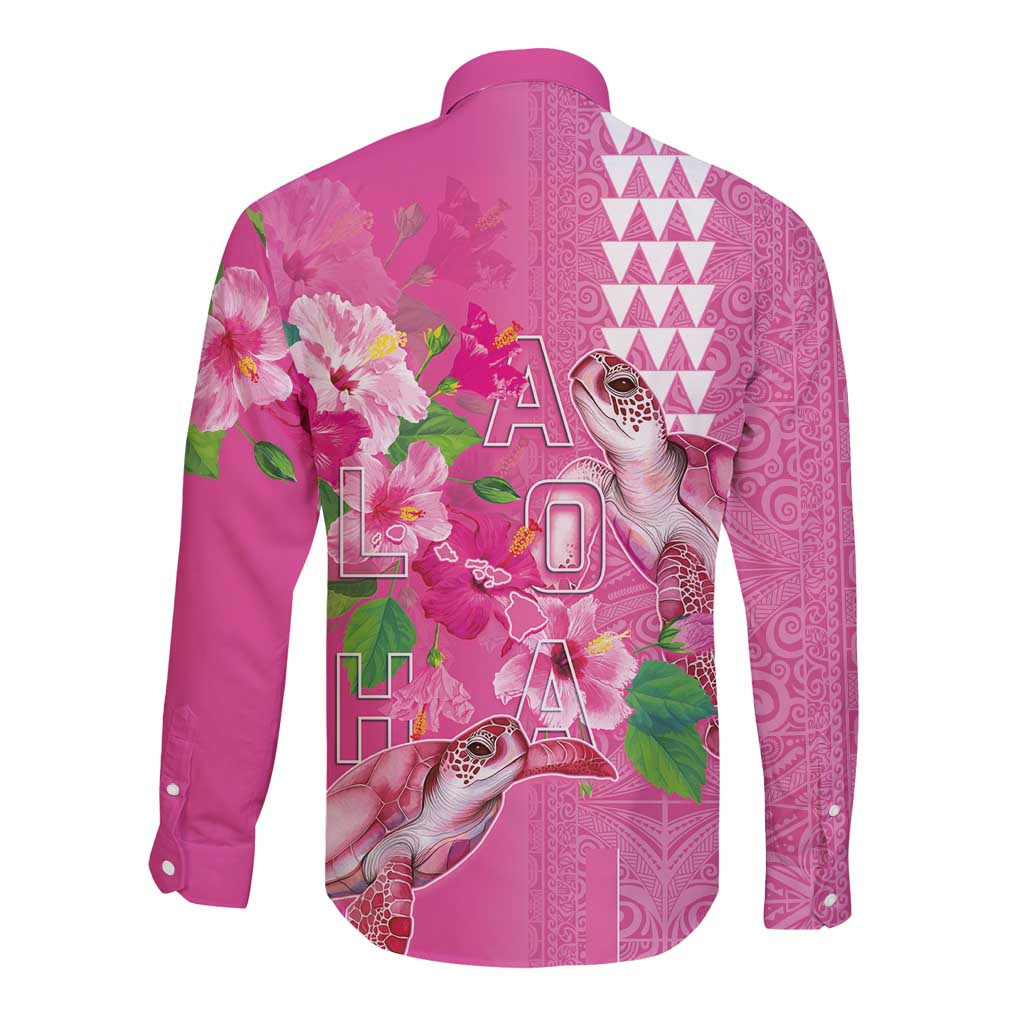 Hawaii Aloha Turtle Hibiscus and Leaves Long Sleeve Button Shirt with Polynesian and Kakau Tattoos Rose Color LT03 - Polynesian Pride